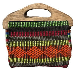 Y2K Colorful Woven Mosaic Western Design With Wooden Handle Purse Bag‎